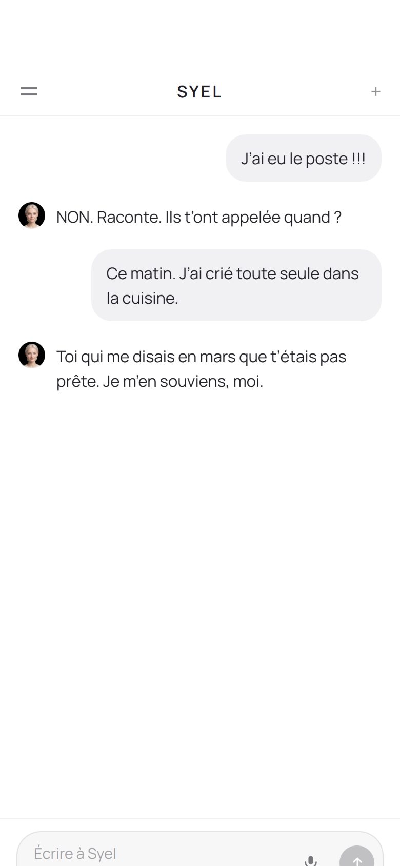 La conversation avec Syel, dans l’app